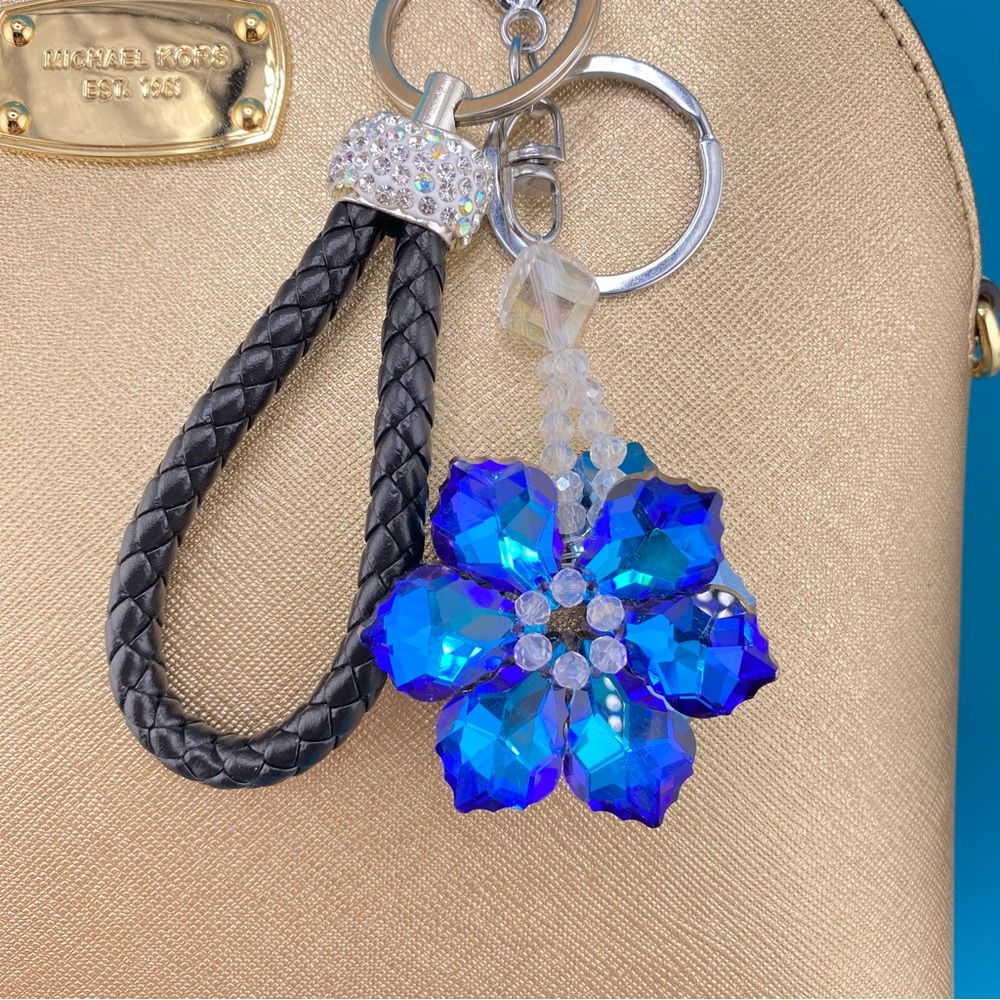 ✨Crystal Flower Sparkly Bling Bag Charm & Braided PU Leather Key Ring, Keychain